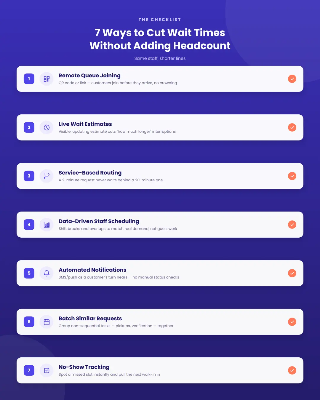 Infographic listing seven ways to reduce wait times without hiring additional staff